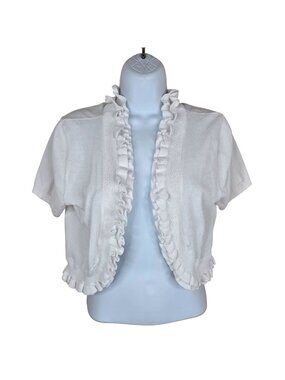 Cable & Gauge White Ruffled Open Front Knit Shrug Short Sleeve Cardigan M NEW